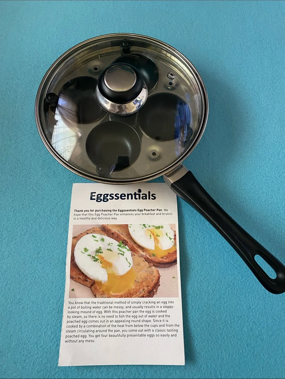 EGGSSENTIALS Egg Poacher Stainless Steel Pan 4 removable cups tempered glass lid